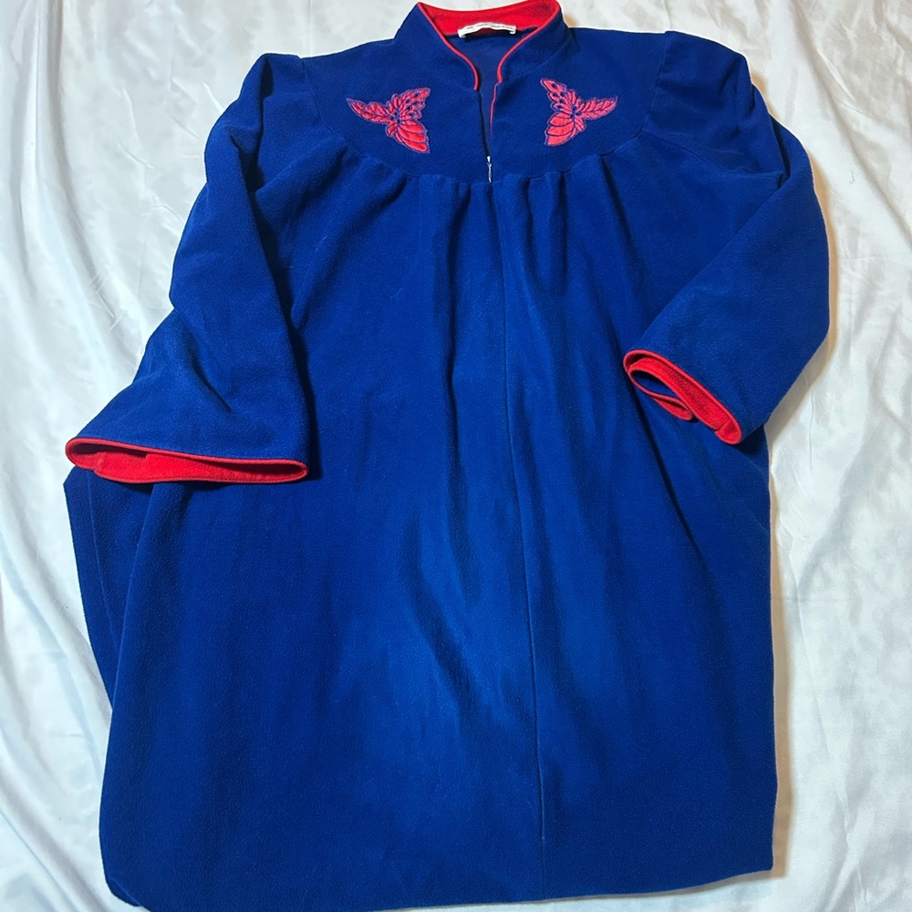 Vtg VASSARETTE Plush Half Zip House Robe Sz L Blue Red Pockets Made In USA